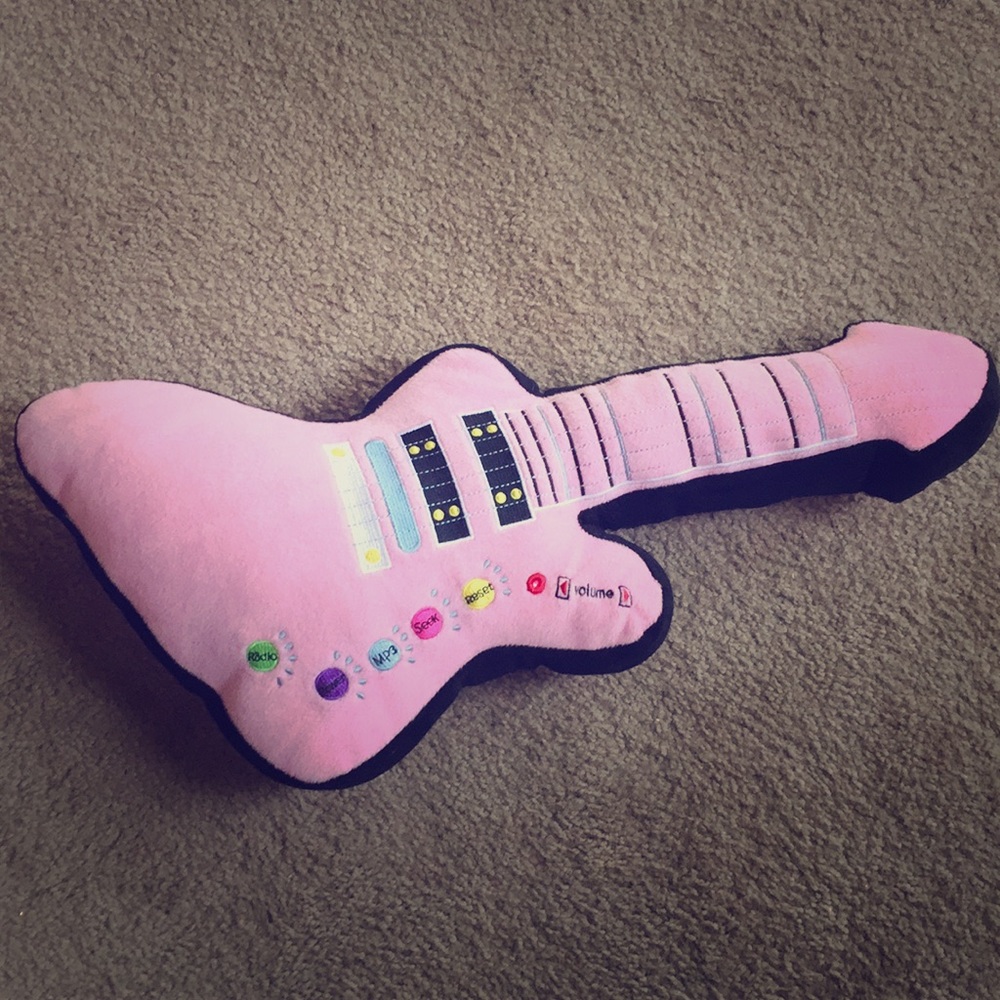 Vintage Pink Black Electric Guitar Shaped AM/FM Radio & MP3 Music Player Pillow